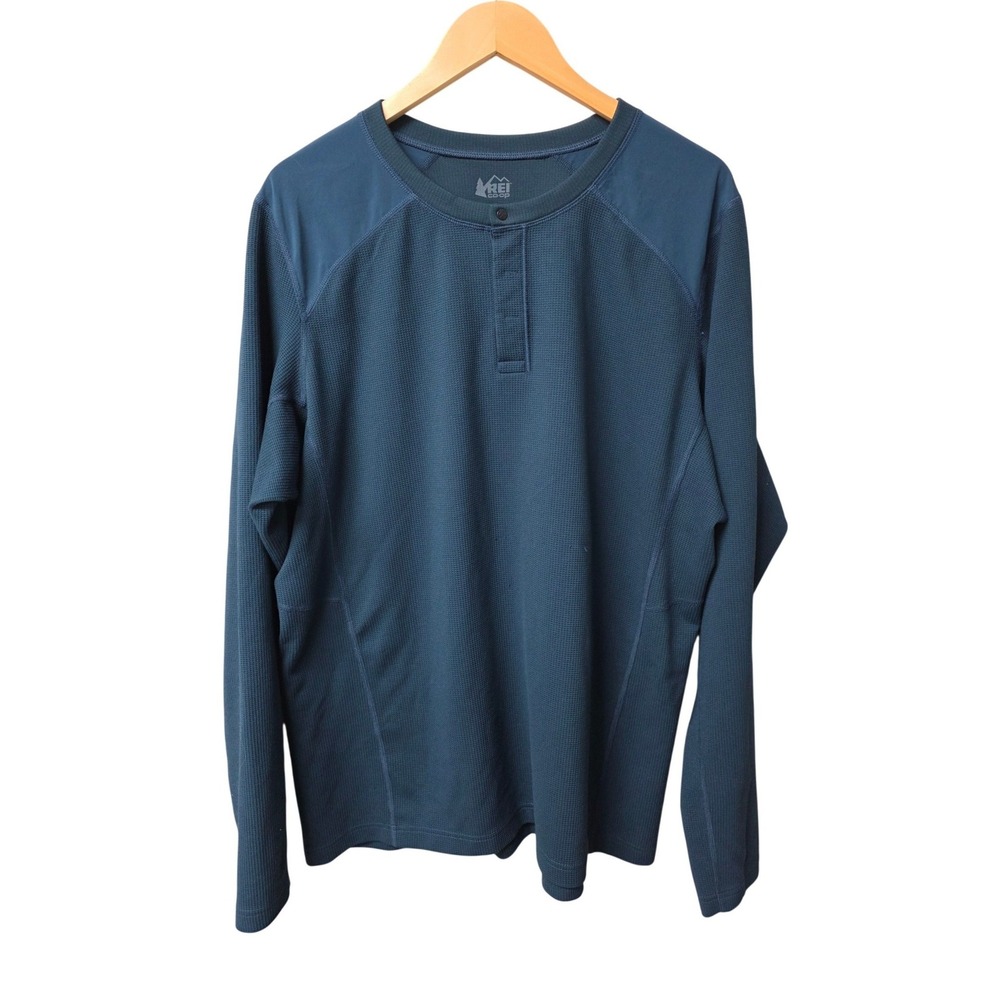REI Co-op Henley Men XL Blue Long Sleeve Waffle Knit Gorpcore Outdoor Shirt EUC
